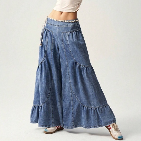 Medium Wash Stretchy Waist Cotton Wide leg Denim Pants - Picture 6 of 8
